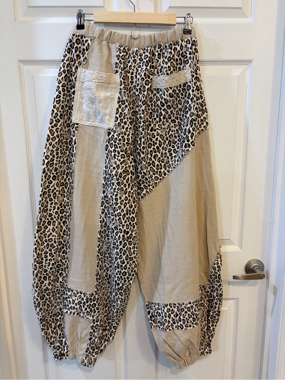 POL NWT Jacquard Leopard Print Patchwork Distressed Jogger Brown Cream Black - Picture 13 of 16